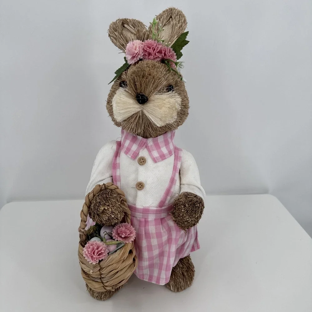 Vintage Pier 1 Sisal Straw Easter Bunny Set Of‎ 2 Dad (new) & Mom Spring Whimsy
